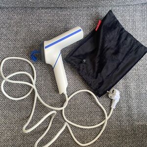 White and Blue Handheld Steamer with Black Pouch